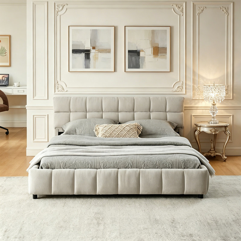 Grand lit tapissier avec tiroir pour le rangement., Beige