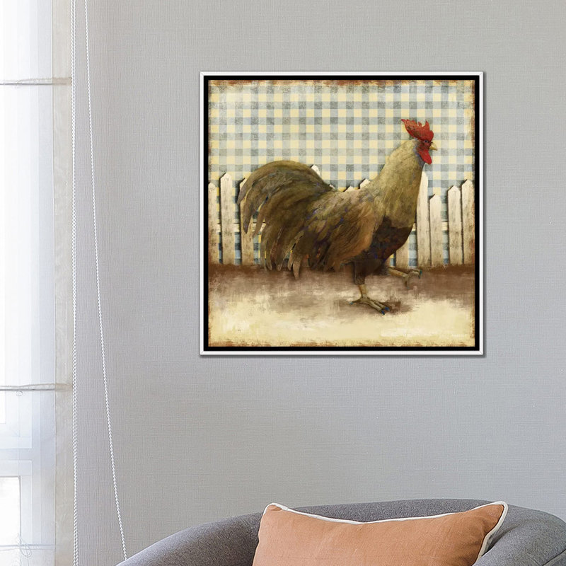 Rooster On Damask I by Dan Meneely - Painting, White Framed Canvas, No Matte, 26'' H x 26'' W x 1.5'' D