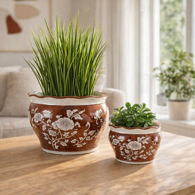 Pot de fleurs rond décoratif en céramique à motif floral chinoiserie pour la décoration intérieure et extérieure - Lot de 2