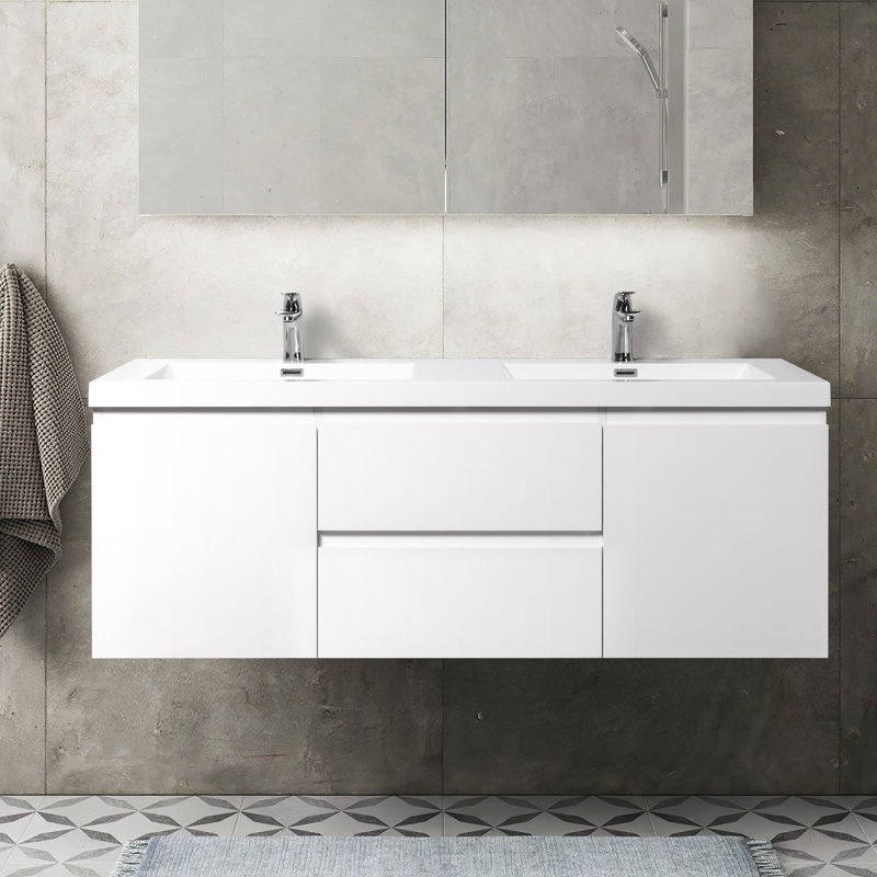 Meuble-lavabo double 59 po avec comptoir Ellswerth, Blanc lustré