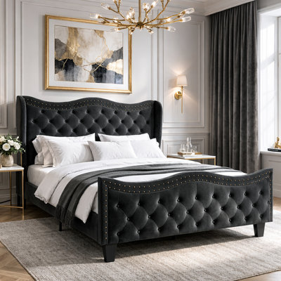Mordern Glam Tufted Velvet Wingback Platform Bed