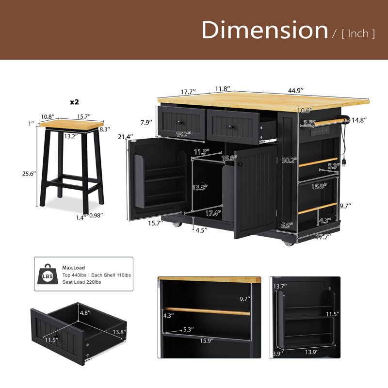 48Inch Large Kitchen Island With 2 Bar Stools, Power Outlet, Door Internal Storage Rack, Kitchen Storage Cart On 5 Wheels With Drop Leaf, 5 Open Side Racks, 2 Drawers