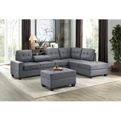 Modern Living Room 3-Piece Sectional Reversible Sofa Chaise Storage Ottoman Tufted Detail Dark Gray Microfiber Upholstered Drop-Down Cup-holder Solid Wood Frame Furniture