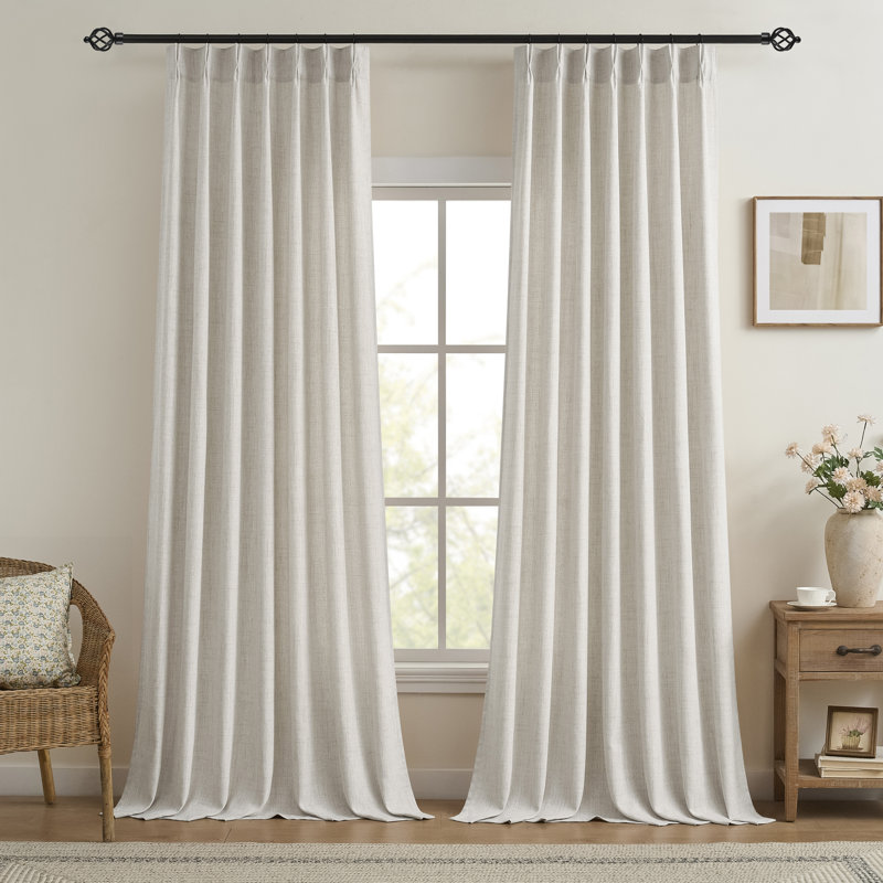 Pinch Pleated Light Filtering Linen Blended Curtains, Boho Back Tab Semi Sheer Drapes with Metal Rings and adjustable Hooks for Living Room Bedroom,2Panels,Cream Beige