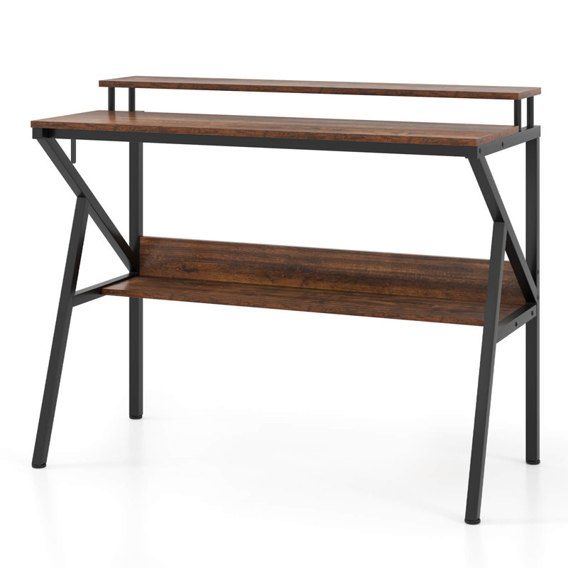 Bureau personnel avec support pour moniteur, tablette ouverte et structure en métal, crochet pour écouteurs, Brun