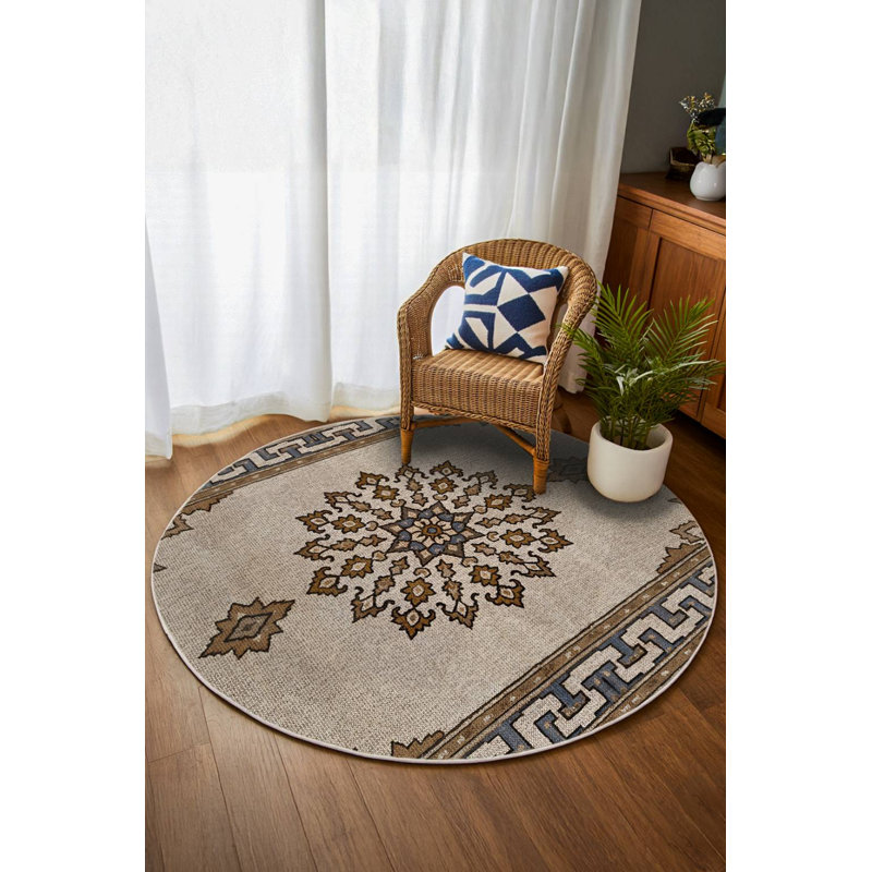 Minisisi Collection Digital Print Cotton-Polyester Beige Brown Moroccan Rug, Square 6'7"