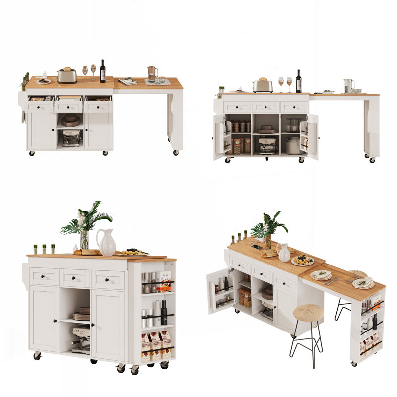 85.5" Kitchen Island with Extendable Dining Table, White