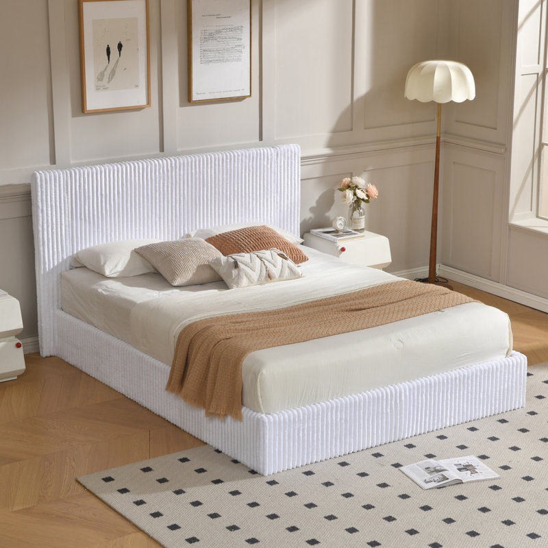 Lit plateforme tapissier hydraulique avec rangement relevable, Grand, Blanc