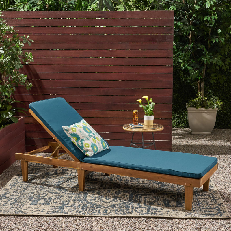 Moulton Outdoor Acacia Wood Chaise Lounge , Cushion Included, Teak Frame / Blue Cushion