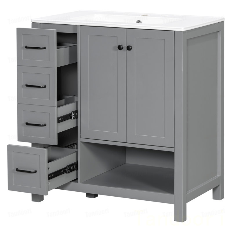 Meuble-lavabo de salle de bain avec comptoir, meuble-lavabo avec deux portes et deux tiroirs, bois massif, tablette ouverte, panneaux de fibres à densité moyenne, un paquet, gris
