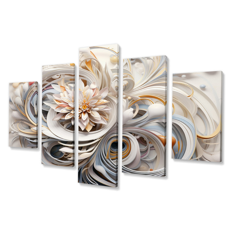 White Blossoming Spring Fractal Flowers II - Fractals Canvas Wall Art - 5 Panels
