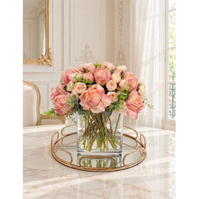 Arrangement de pivoines artificielles roses, pièce maîtresse de vase en verre floral artificiel avec eau artificielle pour table de salle à manger, décor champêtre français