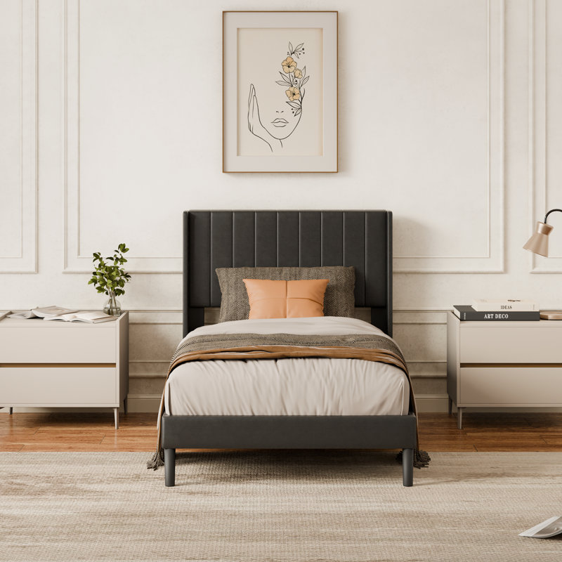Modern Minimalist Bed Frame with Upholstered Vertical Channel Tufted Wingback Headboard, Twin, Black Faux Leather