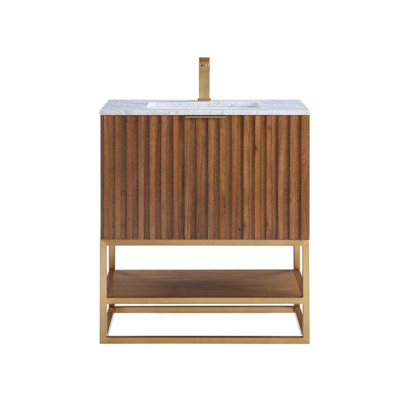 Terra 30'' W Single Vanity, Walnut, Carrara Marble/Single Faucet Mount, Satin Brass
