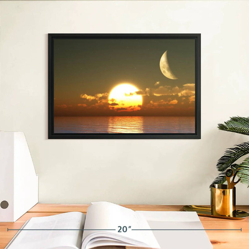 Coucher de soleil sur la lune, Cadre flottant noir, 13 po x 9 po