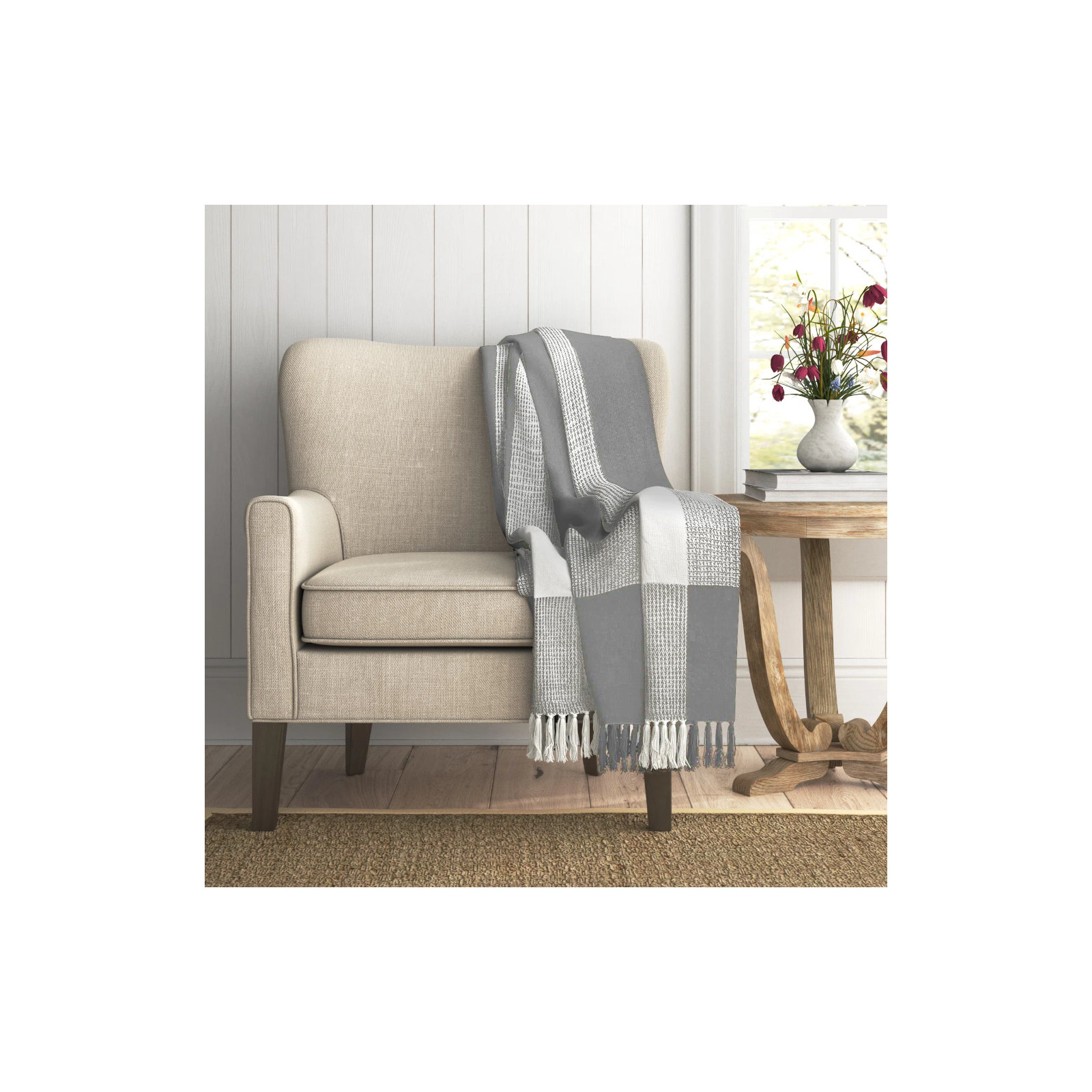  Plaid Cotton Blanket, Gray