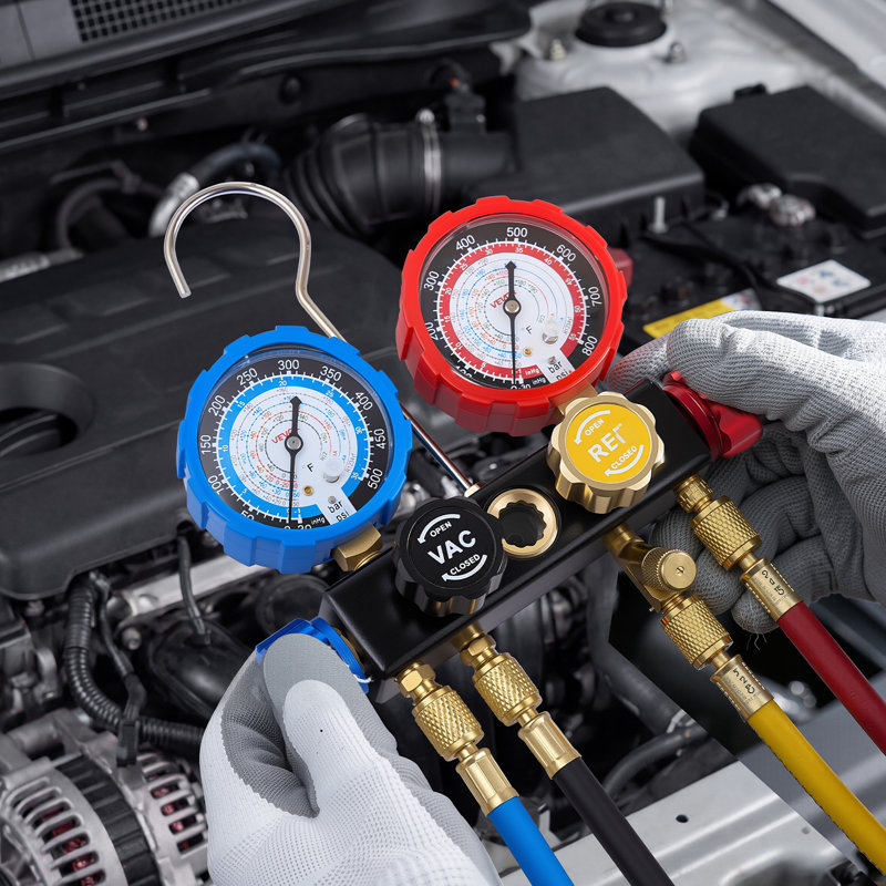 Ensemble de jauges à CA pour collecteur frigorifique R134a R404A R1234yf R22, jauge AC 4 voies avec tuyaux de 5 pi, adaptateurs, raccords rapides, robinets pour l'entretien de la climatisation automobile, évacuation de la charge