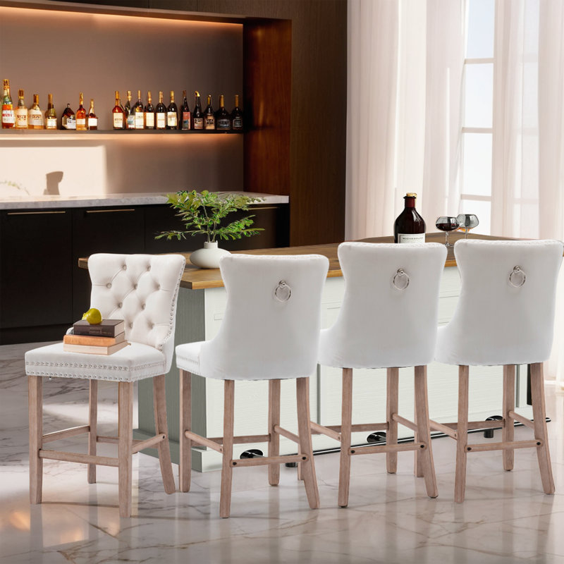 Velvet Kitchen Island Chairs Counter Height Barstools Set of 4, Natural, Beige, 4