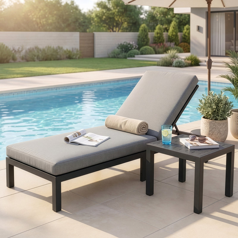 Outdoor Aluminum Chaise Lounge Chair with Side Table & Cushions, Rust-Resistant Adjustable Recliner for Patio, Pool, Deck