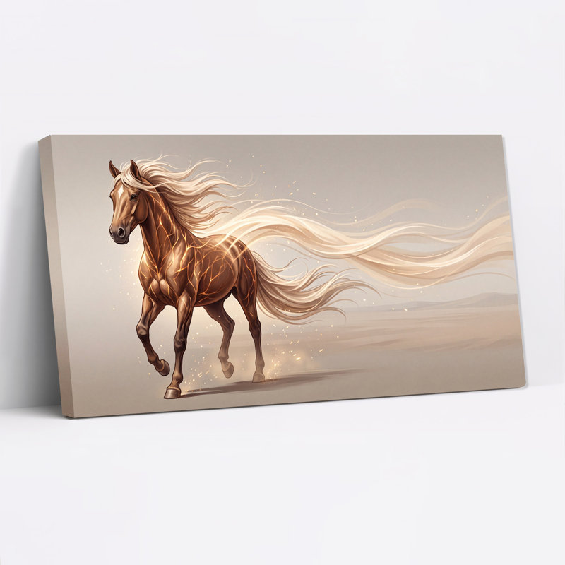 "Cheval brun qui court avec des lignes dorées et une toile qui coule", L 40 po x H 20 po