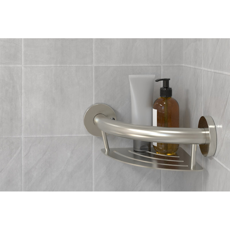 HealthCraft - PLUS Corner Shelf 9.5", Grab Bar for Bath and Shower Safety (500 lb. Capacity), Brushed Stainless