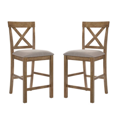 Contemporary Tan And Weathered Oak Linen Upholstered Armless Of 2 High - Back Counter Height Dining Chairs With Cross Design Padded Seat