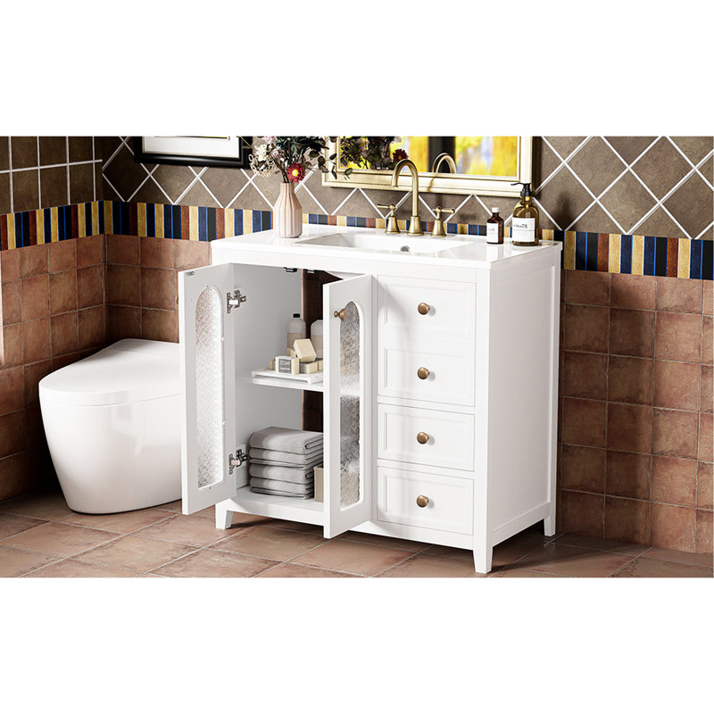 Meuble-lavabo de 36,73 po avec base en bois massif, portes en verre et fermeture silencieuse avec poignées dorées luxueuses, protection pour trou de trop-plein d'armoire