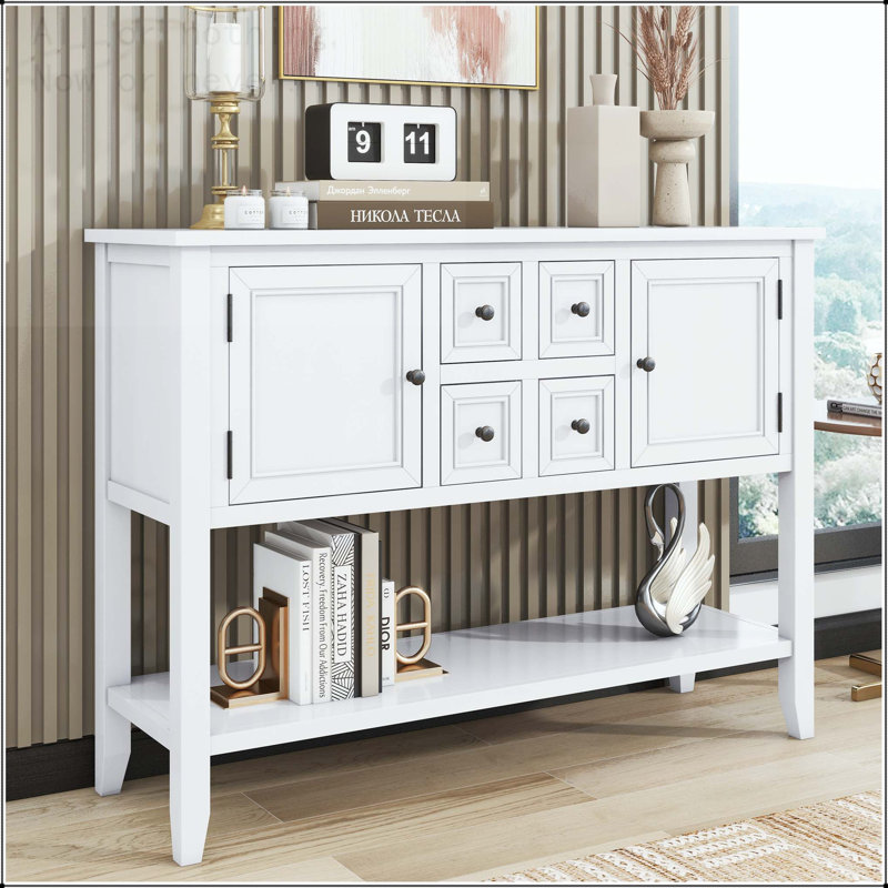 Console rétro avec quatre tiroirs, armoires et tablette inférieure, Blanc