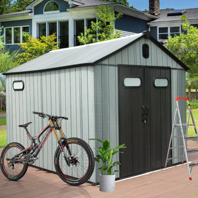 Remise de rangement extérieure en résine 8X10FT, remise en plastique imperméable avec porte verrouillable, fenêtres et évents, remise à outils extérieure pour meubles de patio, tondeuse à gazon, vélo
