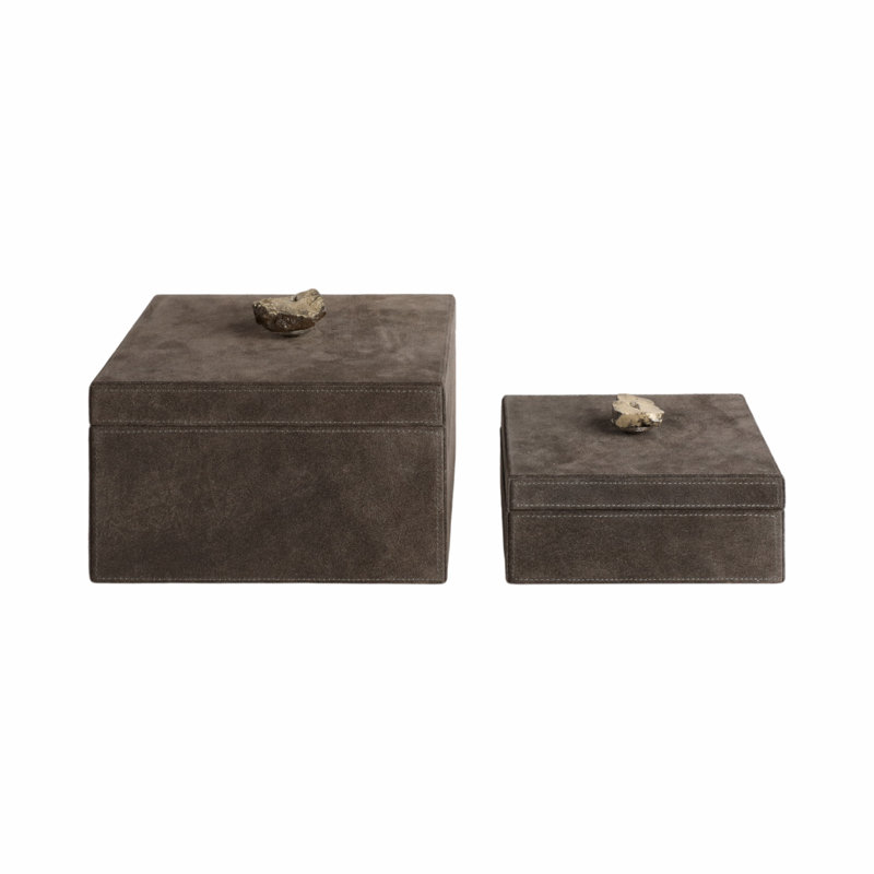 Sagebrook Home 2-Pieces Soweto Suede Boxes With Stone Knob, Gray