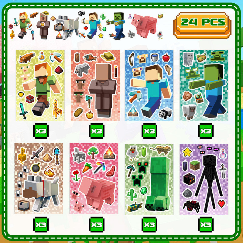 Pixel Games Make a Face Stickers, Minecraft Diy Stickers with 8 Designs Characters for Minecraft Party Supplies