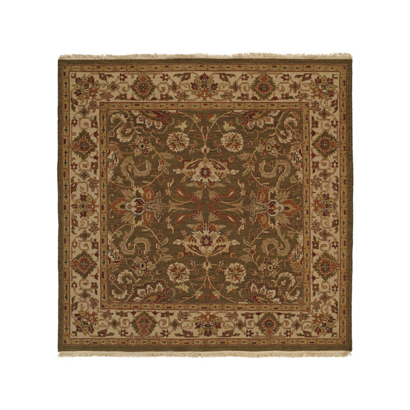 Wool Oriental Area Rug in Green/Ivory, Square 6'