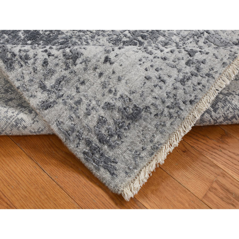 Tapis gris en laine et en soie noué à la main 3 pi x 4 pi 10 po 667C0D0DAFBC4B1CB3446FC9DAEB9A01