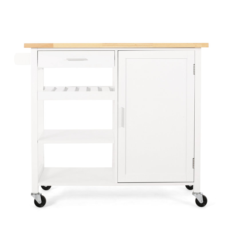 Chariot de rangement contemporain pour cuisine, 1 armoire, porte-serviettes blanc avec apparence, plateau en bois d'hévéa et polyvalent