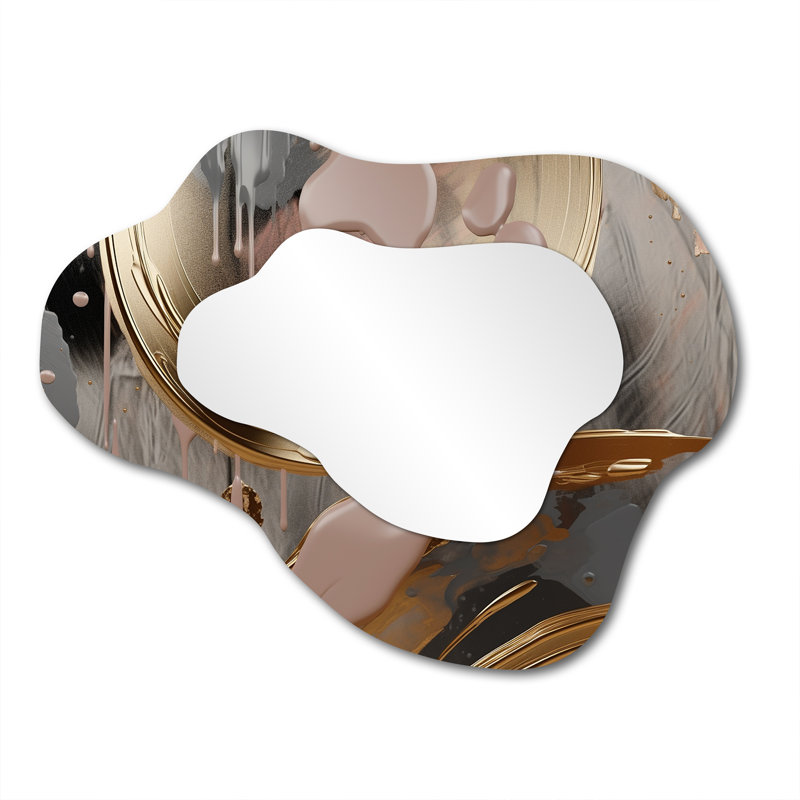 Abstract Golden and pink infinity circles IV - Liquid Ink Asymmetrical Mirror, Gold Cloud Unique Wall Mirror, Printed Metal Art