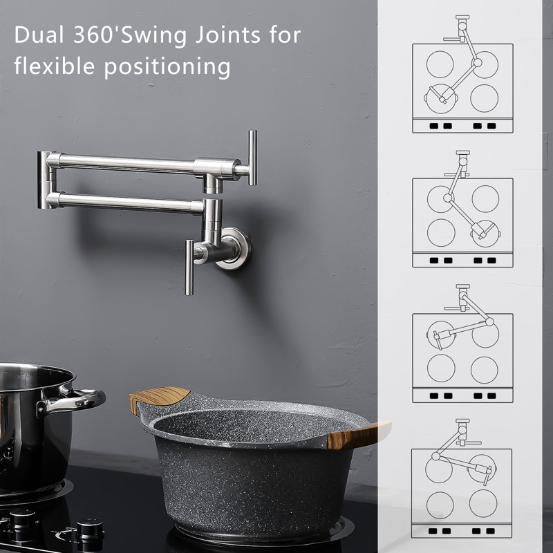 Wall Mount Kitchen Pot Filler Faucet, 304 Ss, Ss Style, Brushed Nickel