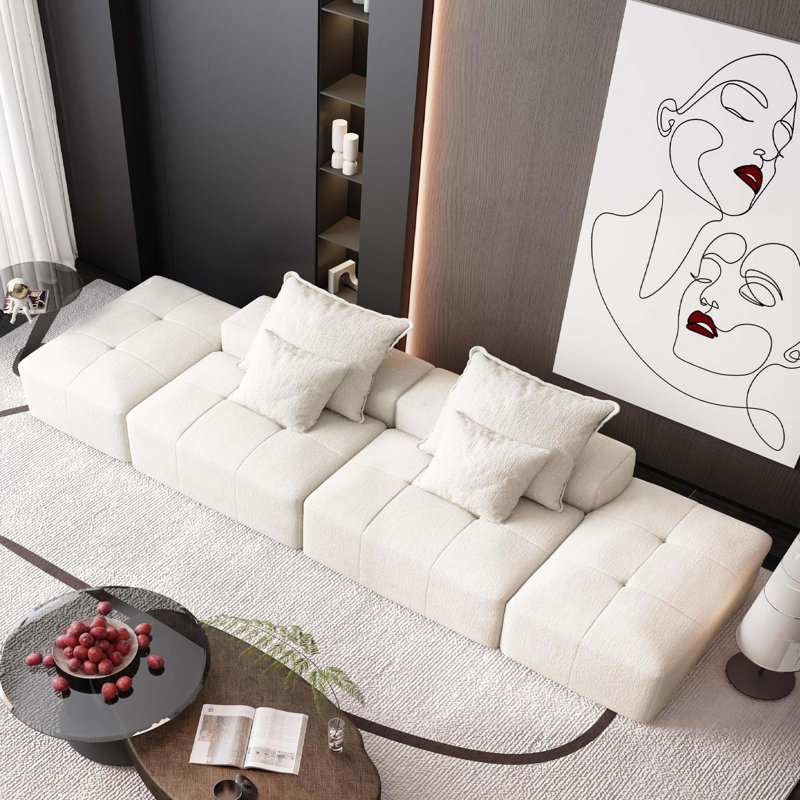 Canapé modulaire Boneless 4 pièces avec 2 repose-pieds, 2 sièges et 4 coussins, Chenille beige