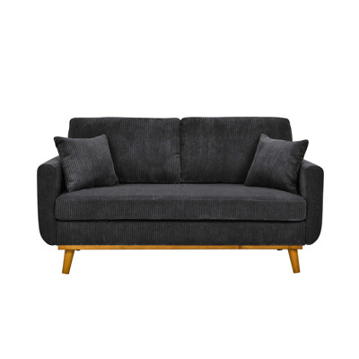 Velours côtelé gris Mid-Century 2 places avec lignes épurées, texture à canal vertical, pieds fuselés, base en bois massif et deux coussins décoratifs pour les petits espaces de vie avec base, dégagement pour les jambes