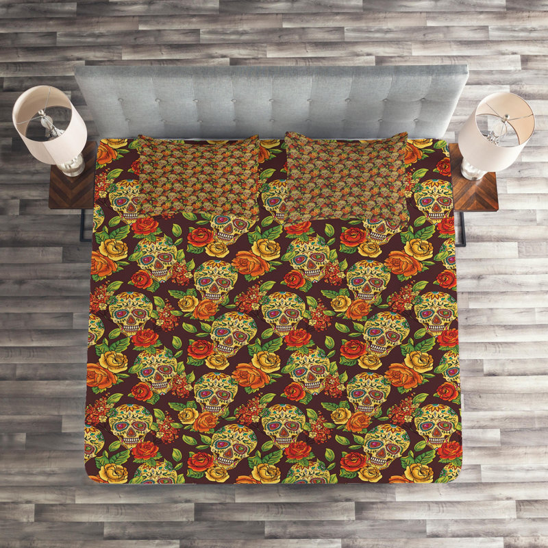 Skull Polyester Floral Coverlet, King Bedspread + 2 Shams