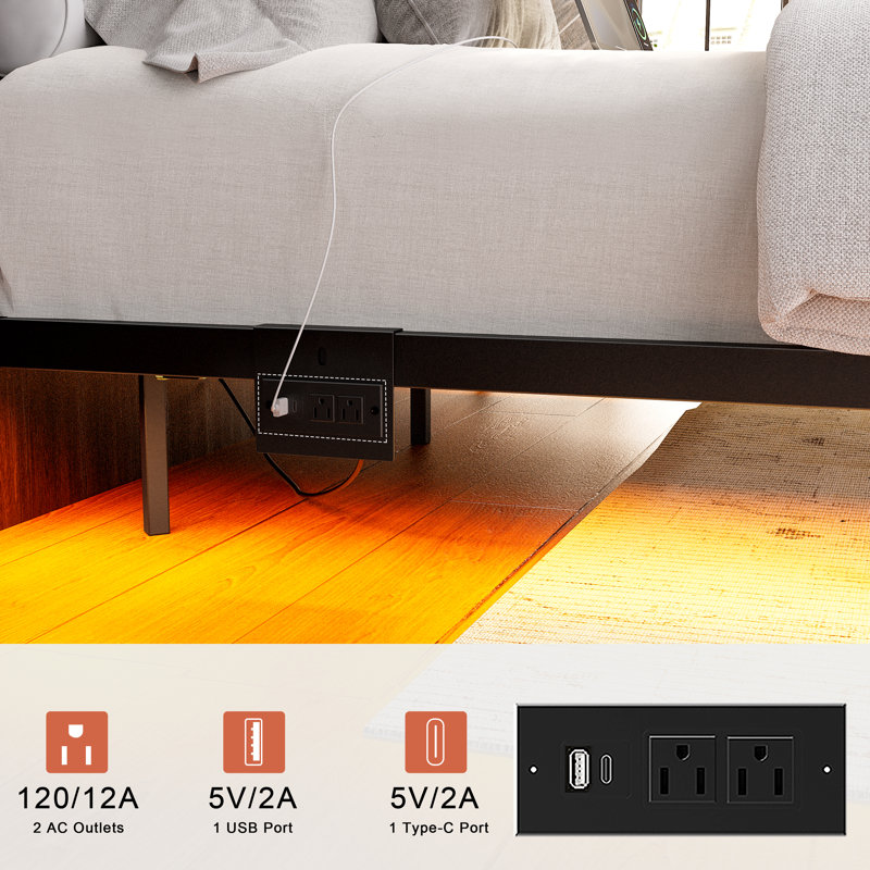 Floating Spring Frame Ebern Designs Floating Bed Frame With LED & Charging Station, Modern ...