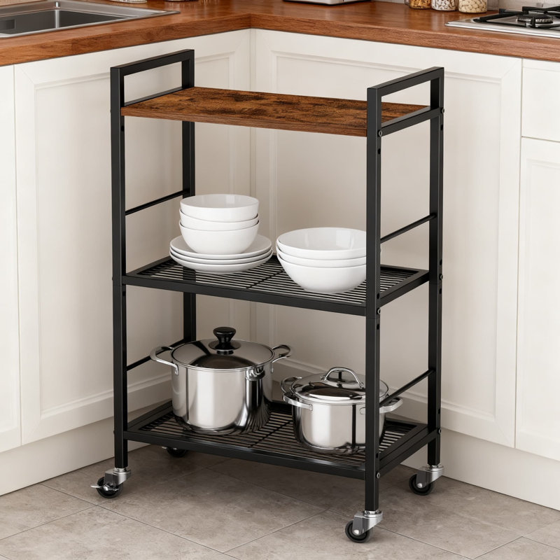 3-Tier Metal Storage Cart With Industrial Wheels & Wooden Tabletop, Adjustable Shelving Unit For Kitchen, Laundry, Pantry, And Plant Display