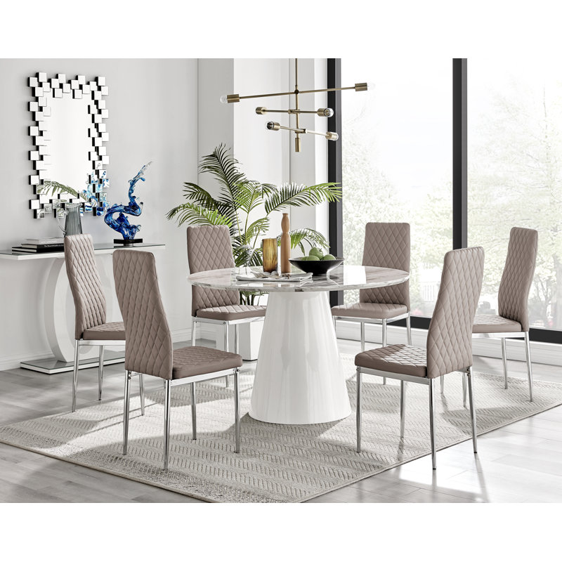 Edward Statement Marble Effect Pedestal Dining Table Set with 6 Faux Leather Upholstered Dining Chairs, Cappuccino/Silver