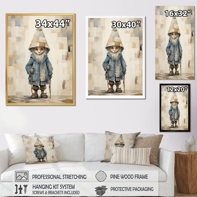 Fantaisie, portrait de gnome beige et bleu sur toile, Cadre flottant doré, H 32 po x l 24 po x P 1 po