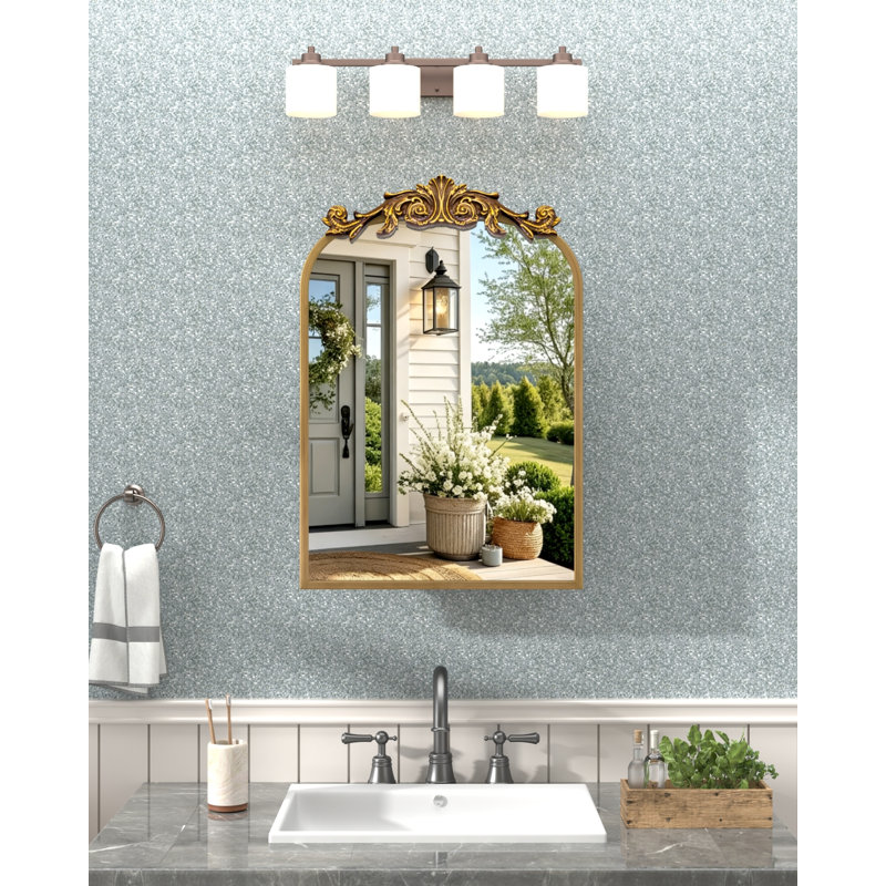 16x24 inch Surface or Recessed Mount Medicine Cabinet Mirror with Vintage Bronze Carving & Hand-Painted Aluminum Frame, All-Metal Construction, 2 Shelves, Arched Mirror for Bathroom, Entryway, Hallway
