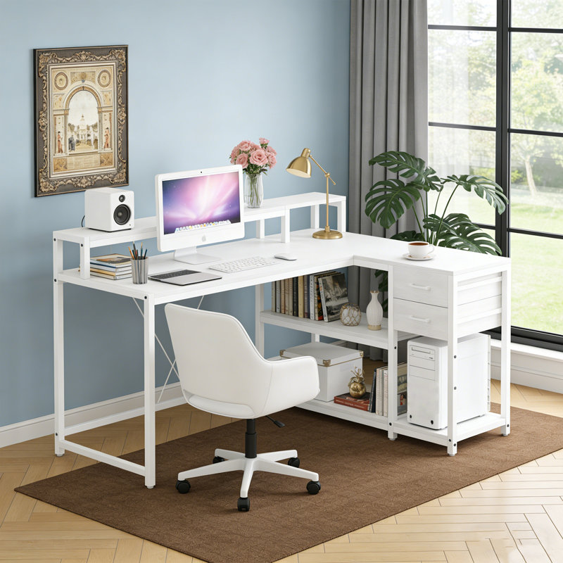 55" Farmhouse L-Shaped Desk, White