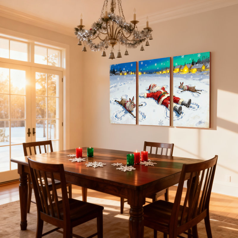 «Christmas Santa and Reindeer Snow Angel», ensemble de 3 impressions sur toile, H 30 po x l 60 po