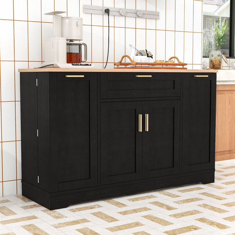 Îlot de cuisine multifonctionnel avec tablettes réglables, support coulissant à 3 niveaux et tiroirs de rangement, Black