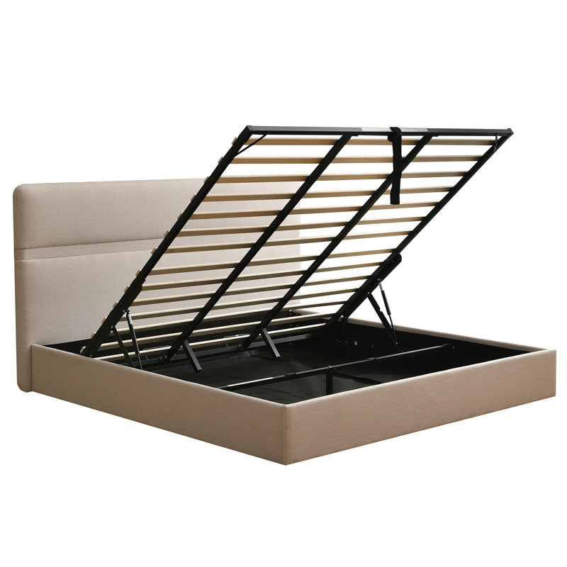 Lit plateforme tapissier avec rangement à levage hydraulique, tête de lit rembourrée, aucun sommier requis, Très grand, Beige