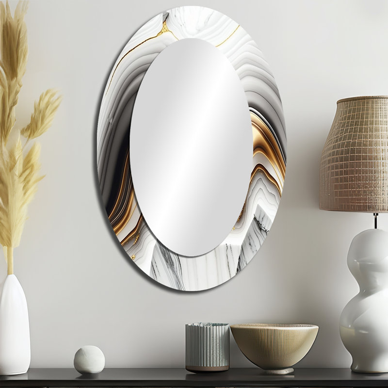 Abstrait Geode Waves Gray III - Miroir décoratif abstrait ovale sur métal, 36 po x 24 po
