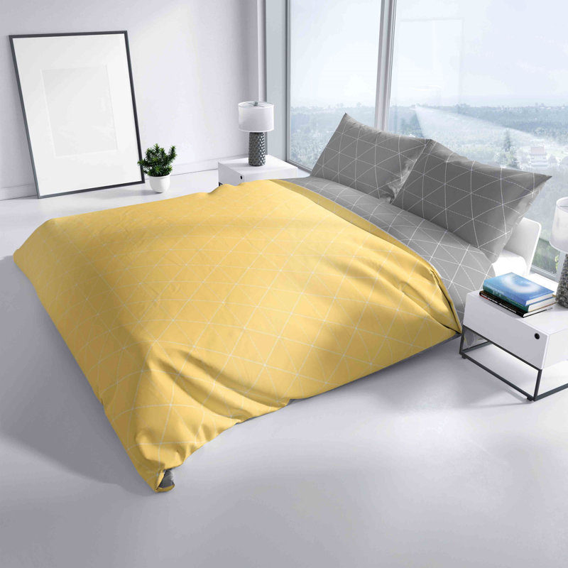 Denice Renforcé Bed Linen, 155 x 220cm Duvet Cover + 1 Pillowcase, Yellow/Grey